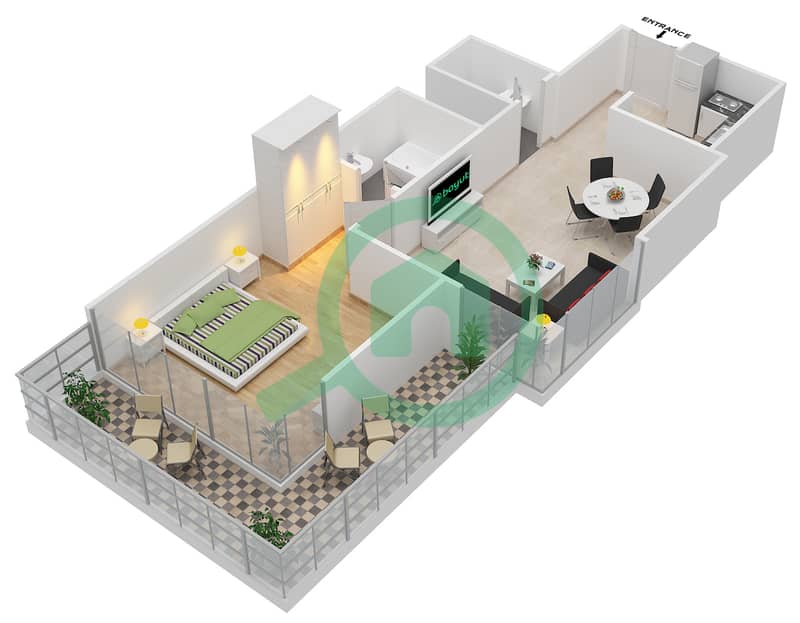 精英体育公寓9号 - 1 卧室公寓单位02戶型图 interactive3D