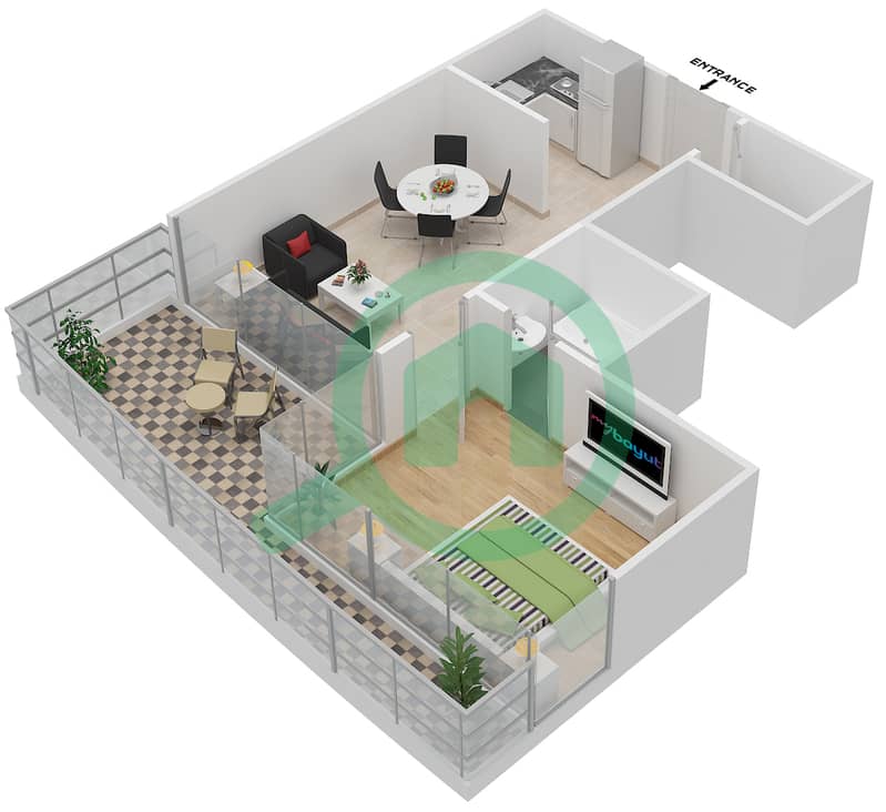 المخططات الطابقية لتصميم الوحدة 05 شقة 1 غرفة نوم - مساكن النخبة 9 interactive3D