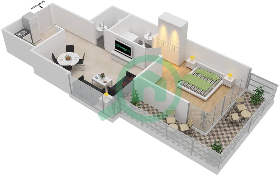 المخططات الطابقية لتصميم الوحدة 15 شقة 1 غرفة نوم - مساكن النخبة 9 interactive3D