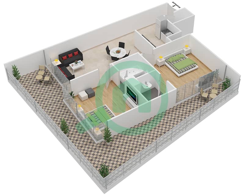المخططات الطابقية لتصميم الوحدة 13 شقة 2 غرفة نوم - مساكن النخبة 9 interactive3D