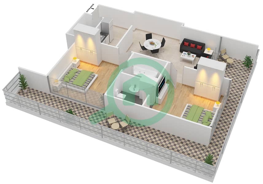 المخططات الطابقية لتصميم الوحدة 03 شقة 2 غرفة نوم - مساكن النخبة 9 interactive3D