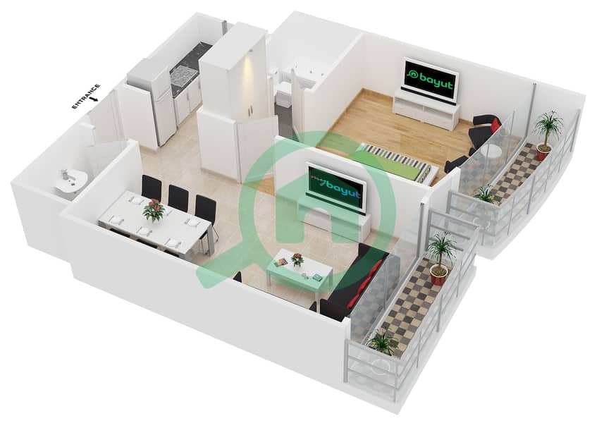 المخططات الطابقية لتصميم النموذج / الوحدة B/4 شقة 1 غرفة نوم - تشامبيونز تاور 2 interactive3D