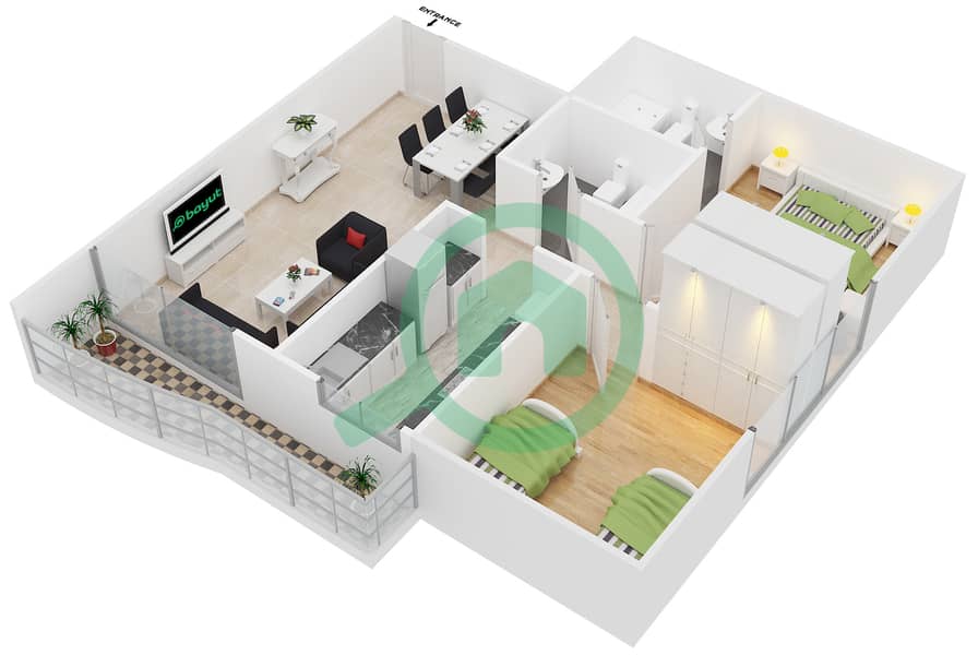 المخططات الطابقية لتصميم النموذج / الوحدة C/3 شقة 2 غرفة نوم - تشامبيونز تاور 2 interactive3D