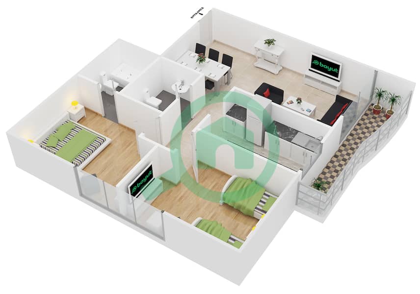 المخططات الطابقية لتصميم النموذج / الوحدة C/2 شقة 2 غرفة نوم - تشامبيونز تاور 2 interactive3D