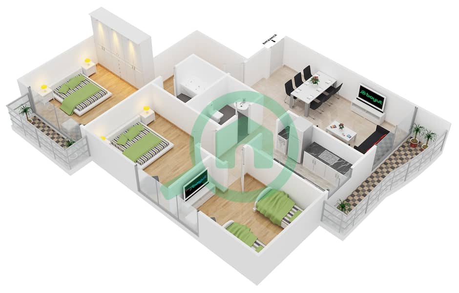冠军大厦2号 - 3 卧室公寓类型／单位D/6戶型图 interactive3D
