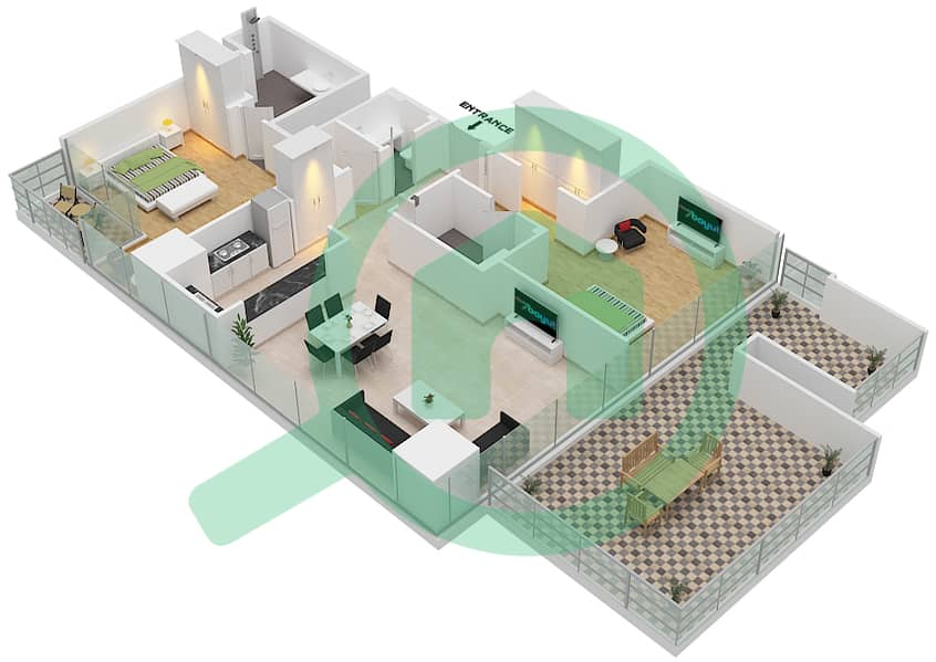 المخططات الطابقية لتصميم النموذج 1 شقة 2 غرفة نوم - جاي ون برج B interactive3D