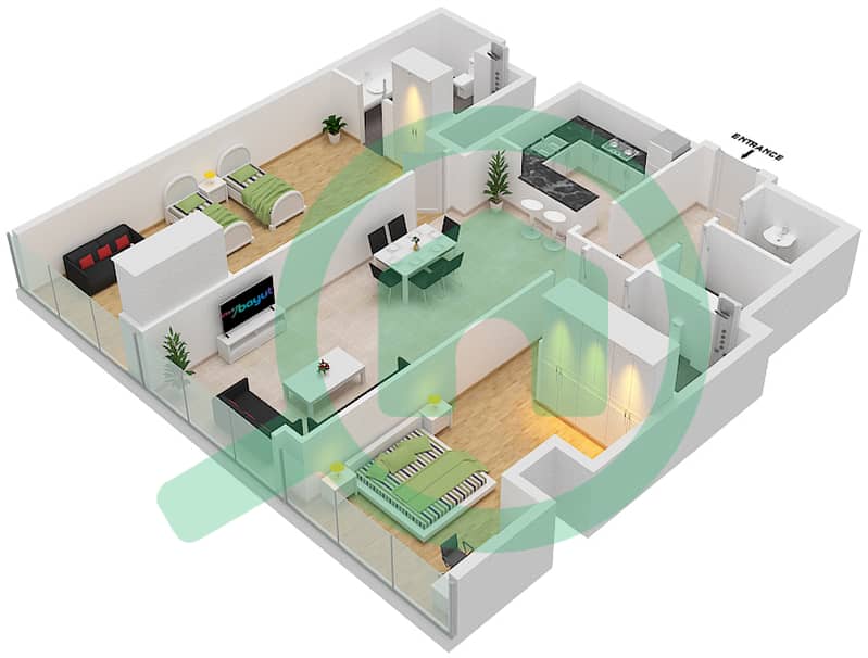 J第一大厦B座 - 2 卧室公寓类型4A戶型图 interactive3D