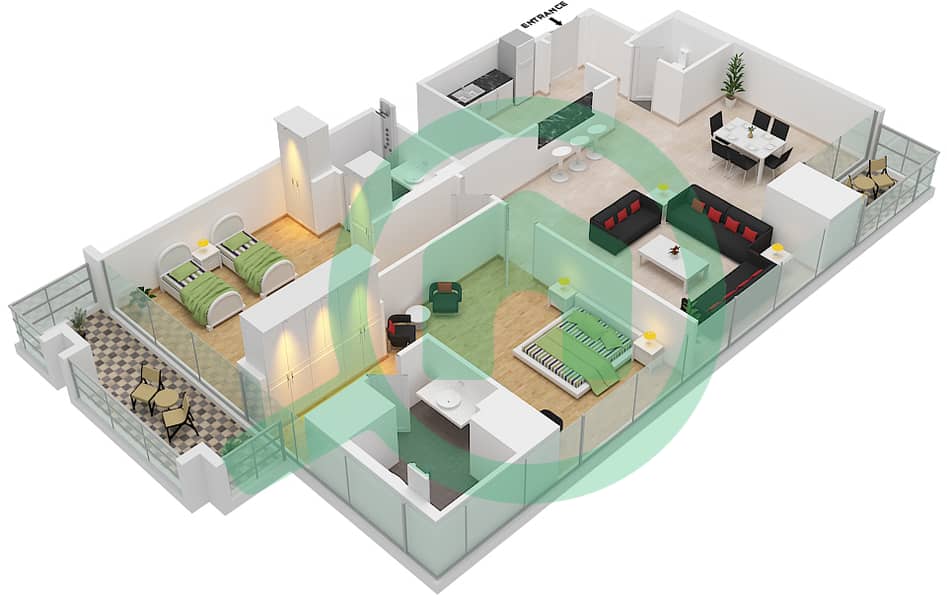 J One Tower B - 2 Bedroom Apartment Type 2 Floor plan interactive3D