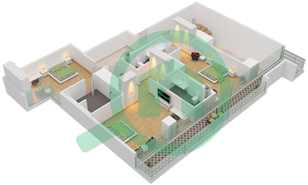 المخططات الطابقية لتصميم النموذج 1 شقة 3 غرف نوم - جاي ون برج B Second Floor interactive3D