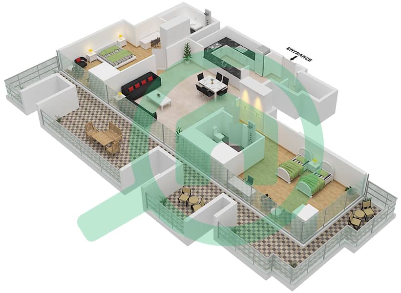 المخططات الطابقية لتصميم النموذج 6 شقة 2 غرفة نوم - جاي ون برج B interactive3D