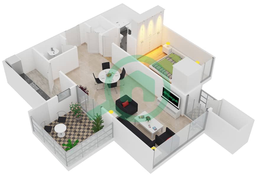 宝石瀑布公寓 - 1 卧室公寓类型T3戶型图 Floor 2-15 interactive3D