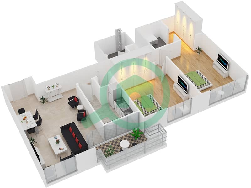 المخططات الطابقية لتصميم النموذج T4 شقة 2 غرفة نوم - سوليتير كاسكيدز Floor 2-15 interactive3D