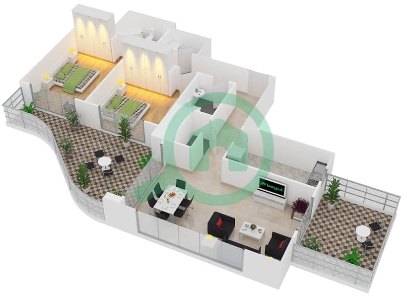 المخططات الطابقية لتصميم النموذج T5 شقة 2 غرفة نوم - سوليتير كاسكيدز Floor 2-15 interactive3D