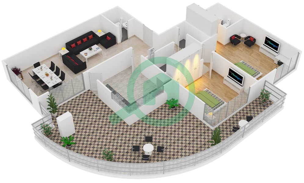宝石瀑布公寓 - 2 卧室公寓类型T7戶型图 Floor 2-7 interactive3D