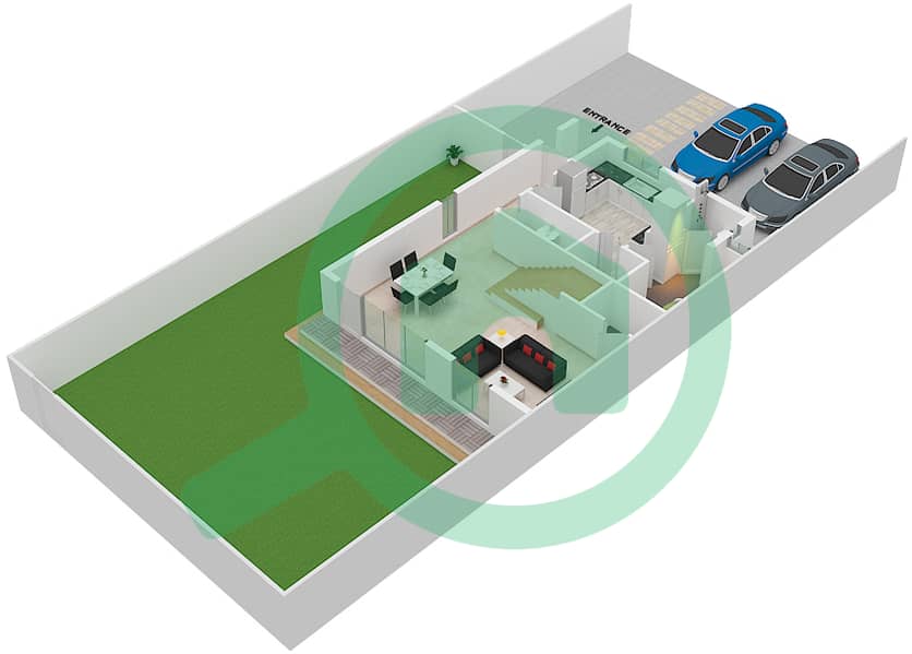 المخططات الطابقية لتصميم النموذج B فیلا 3 غرف نوم - منازل سراب Ground Floor interactive3D