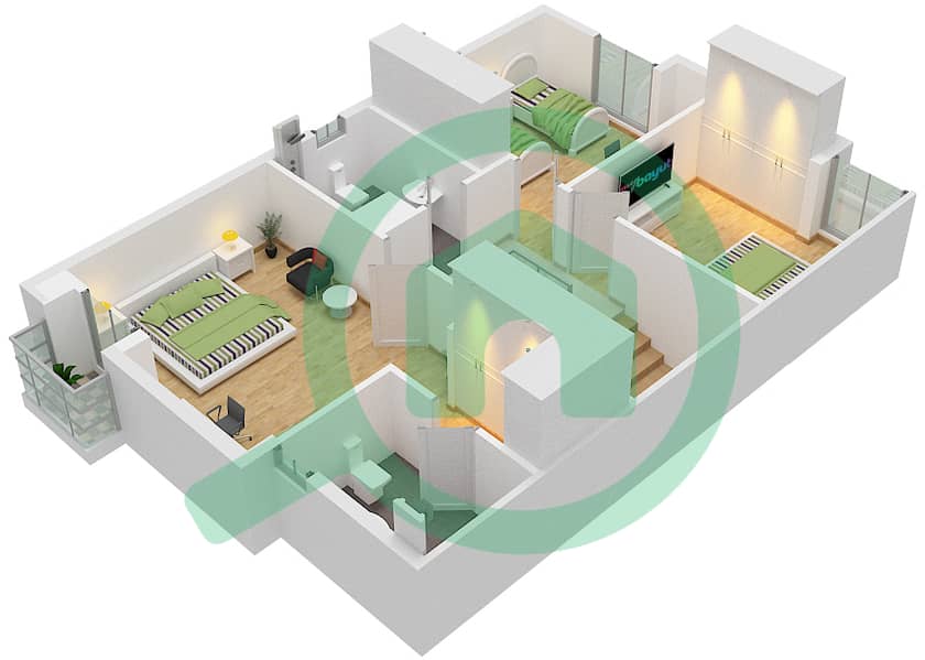 المخططات الطابقية لتصميم النموذج B فیلا 3 غرف نوم - منازل سراب First Floor interactive3D