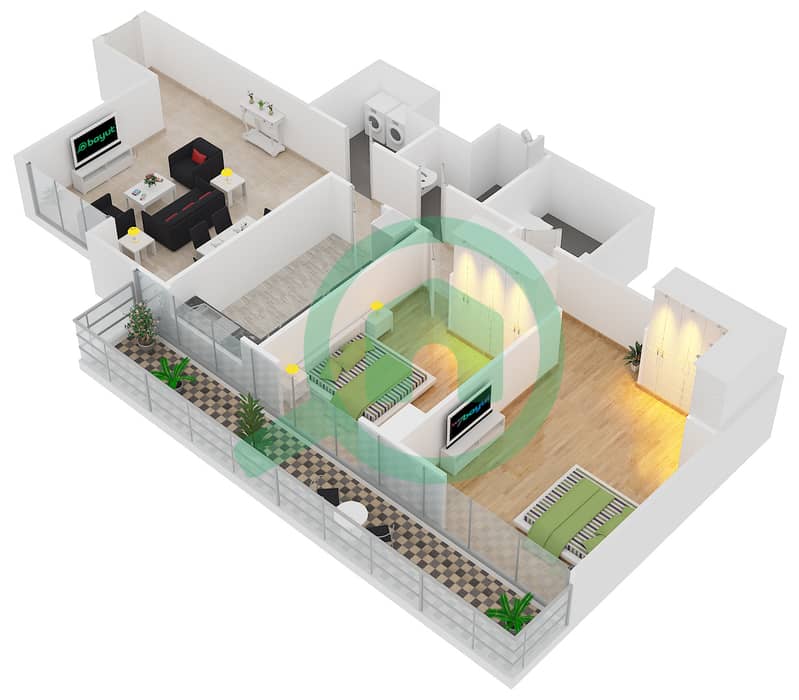 المخططات الطابقية لتصميم النموذج T10 شقة 2 غرفة نوم - سوليتير كاسكيدز Floor 16 interactive3D