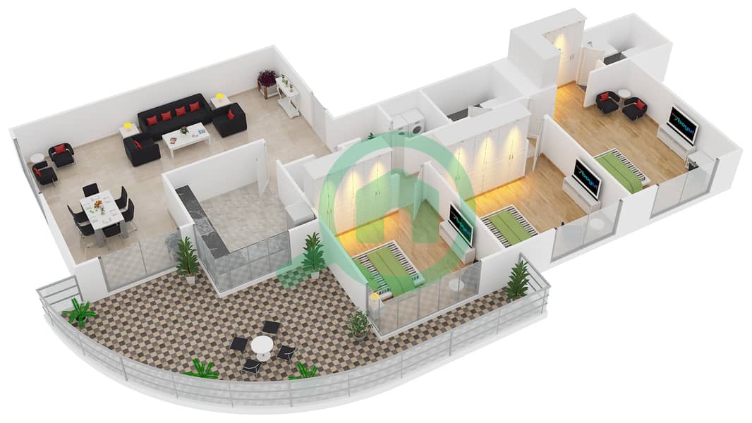 المخططات الطابقية لتصميم النموذج T9 شقة 3 غرف نوم - سوليتير كاسكيدز Floor 8-15 interactive3D