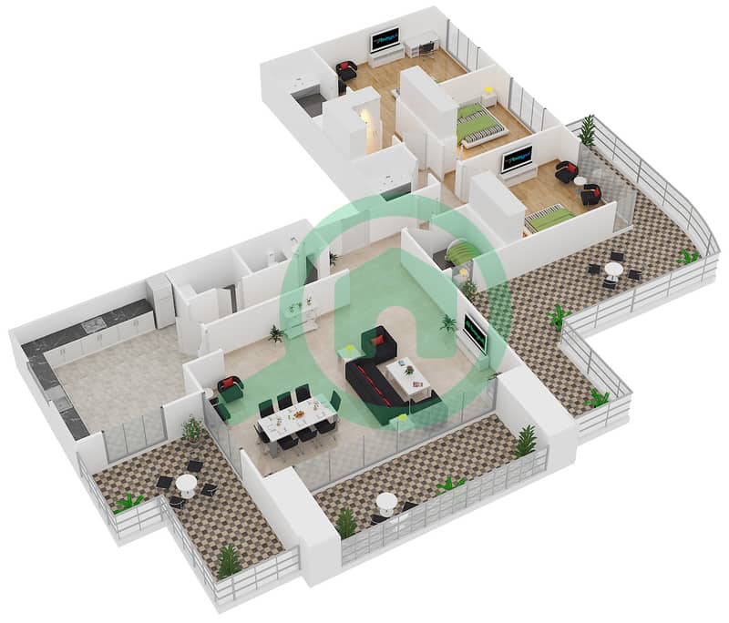 宝石瀑布公寓 - 3 卧室公寓类型T13戶型图 Floor 16 interactive3D