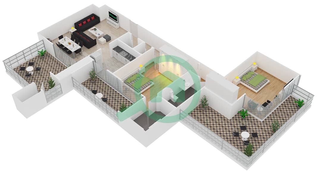 المخططات الطابقية لتصميم النموذج T11 شقة 2 غرفة نوم - سوليتير كاسكيدز interactive3D