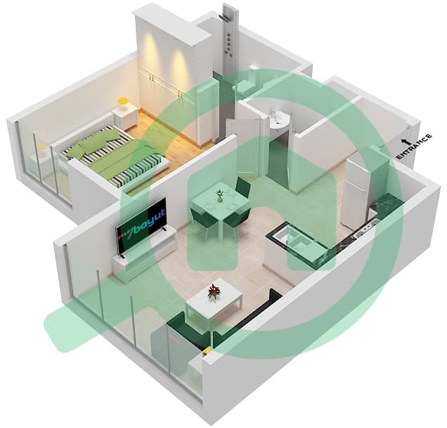 المخططات الطابقية لتصميم النموذج C شقة 1 غرفة نوم - ذا ريف interactive3D