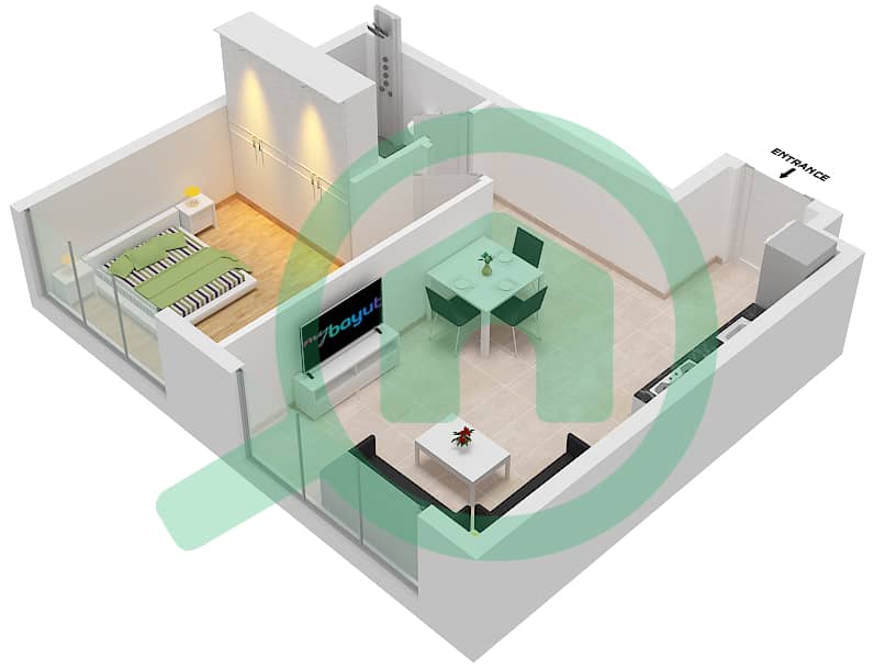 المخططات الطابقية لتصميم النموذج E شقة 1 غرفة نوم - ذا ريف interactive3D