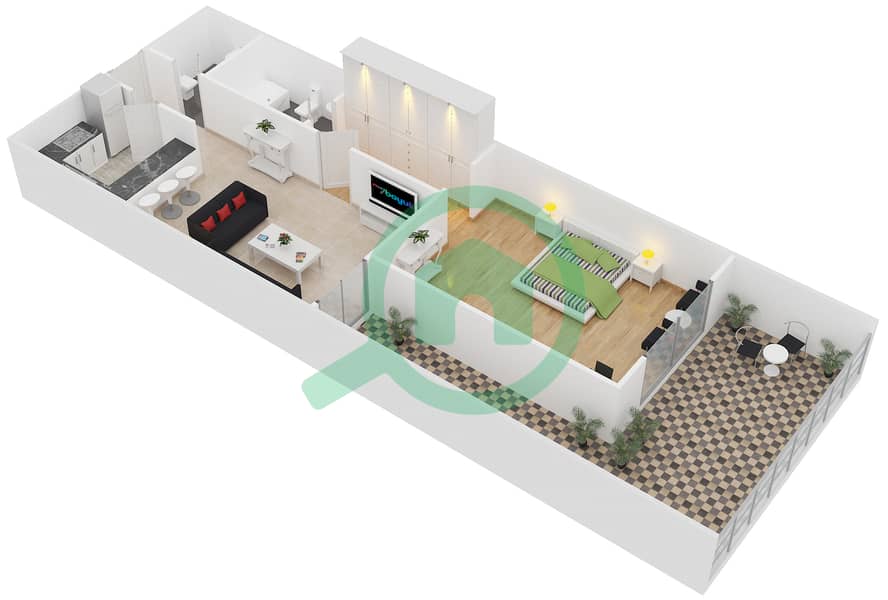 المخططات الطابقية لتصميم النموذج 1 شقة 1 غرفة نوم - مساكن النخبة 1 interactive3D
