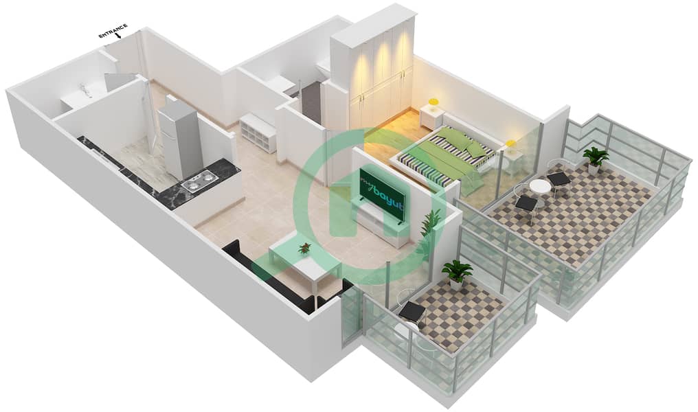 المخططات الطابقية لتصميم النموذج 2 شقة 1 غرفة نوم - مساكن النخبة 1 interactive3D