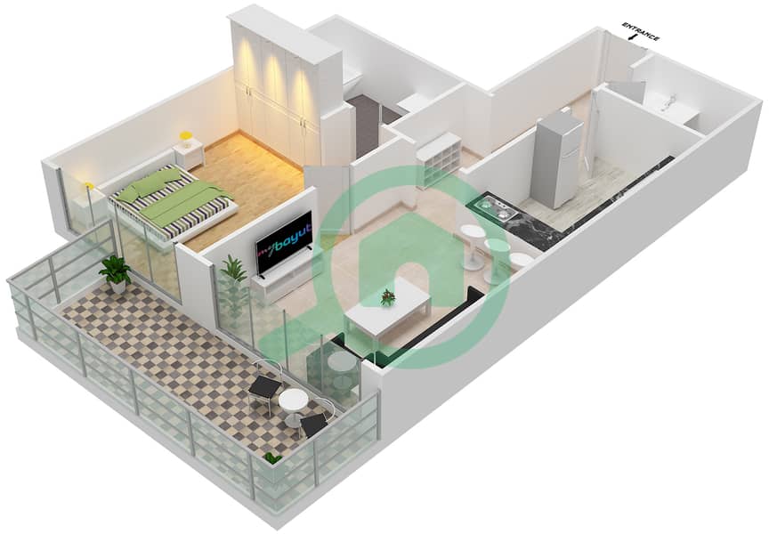 المخططات الطابقية لتصميم النموذج 3 شقة 1 غرفة نوم - مساكن النخبة 1 interactive3D