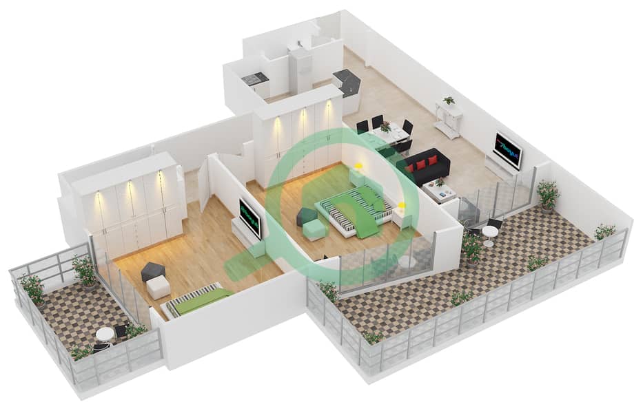 精英体育公寓1号 - 2 卧室公寓类型5戶型图 interactive3D