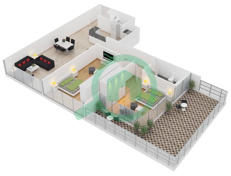Элит Спортс Резиденс 1 - Апартамент 2 Cпальни планировка Тип 6 interactive3D