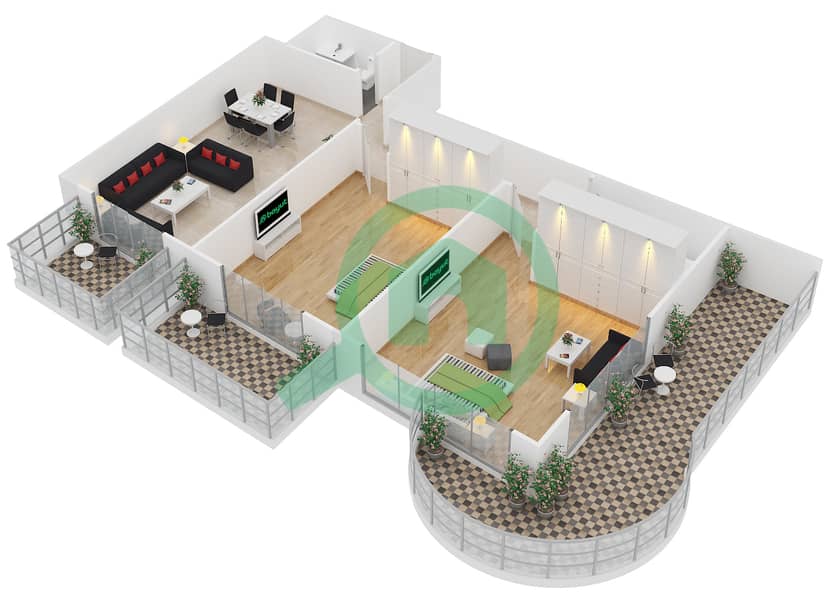 Элит Спортс Резиденс 1 - Апартамент 2 Cпальни планировка Тип 7 interactive3D