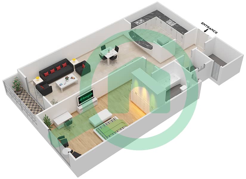 المخططات الطابقية لتصميم الوحدة 108,208,308 شقة 1 غرفة نوم - جراند هورايزون 1 interactive3D