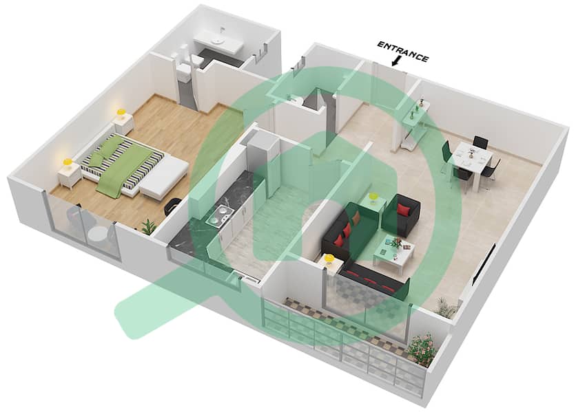 المخططات الطابقية لتصميم الوحدة 111,211,311 شقة 1 غرفة نوم - جراند هورايزون 1 interactive3D