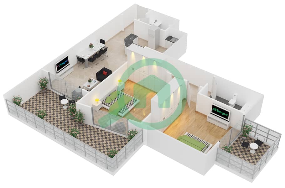 المخططات الطابقية لتصميم النموذج 8 شقة 2 غرفة نوم - مساكن النخبة 1 interactive3D