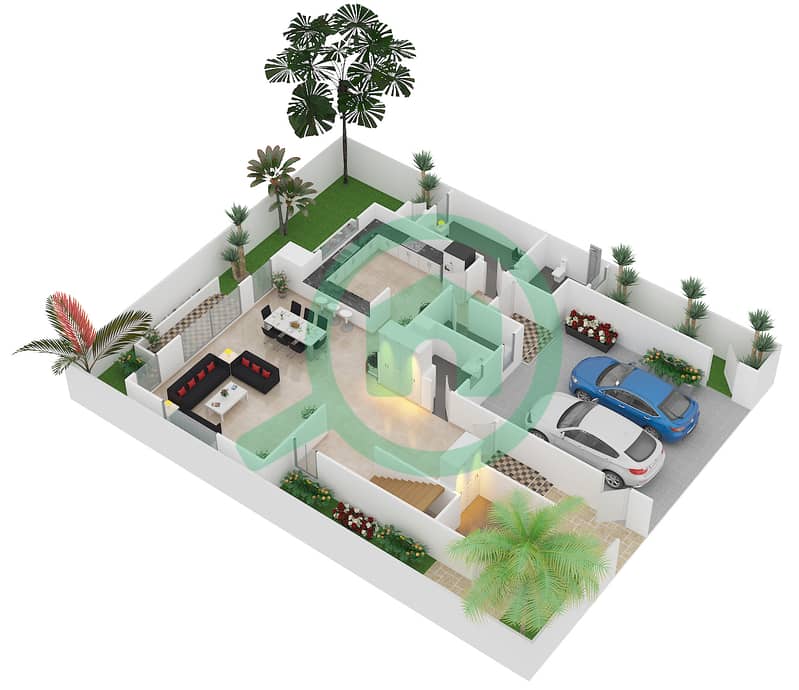 المخططات الطابقية لتصميم النموذج A فیلا 3 غرف نوم - فلل جاليري Ground Floor interactive3D