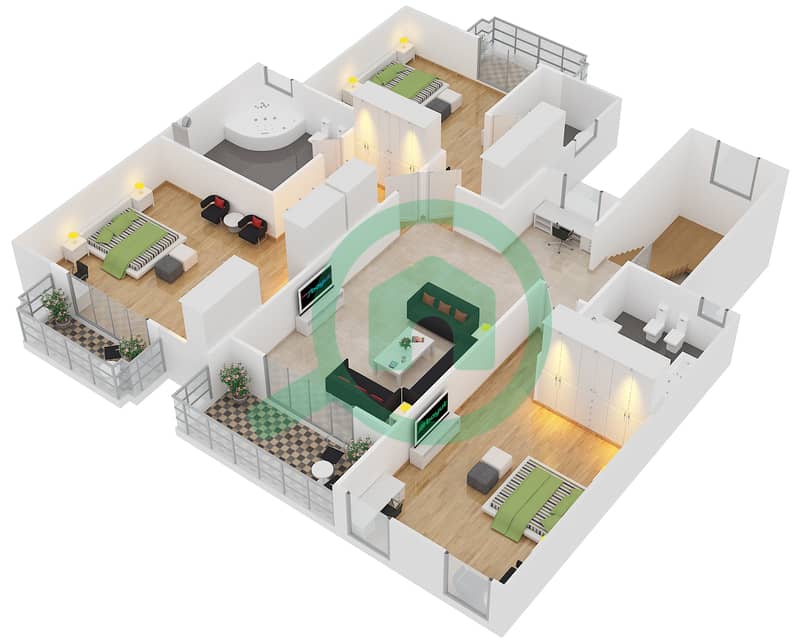 المخططات الطابقية لتصميم النموذج A فیلا 3 غرف نوم - فلل جاليري First Floor interactive3D