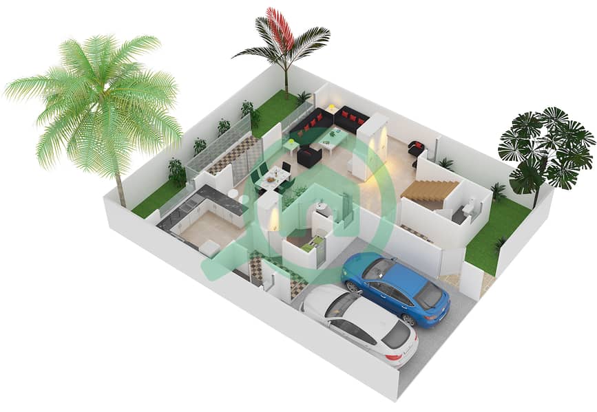 المخططات الطابقية لتصميم النموذج B فیلا 3 غرف نوم - فلل جاليري Ground Floor interactive3D