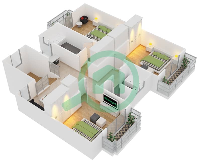المخططات الطابقية لتصميم النموذج B فیلا 3 غرف نوم - فلل جاليري First Floor interactive3D