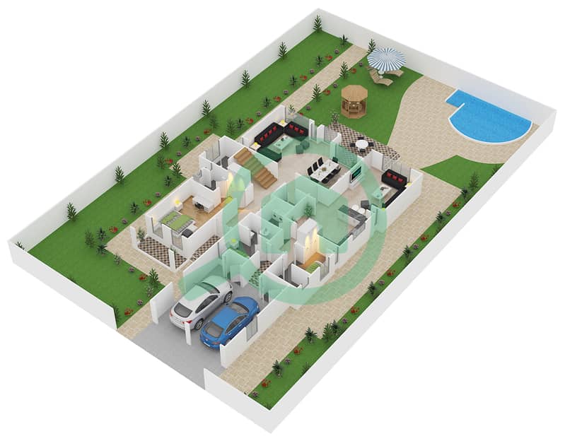 المخططات الطابقية لتصميم النموذج C فیلا 5 غرف نوم - فلل جاليري Ground Floor interactive3D