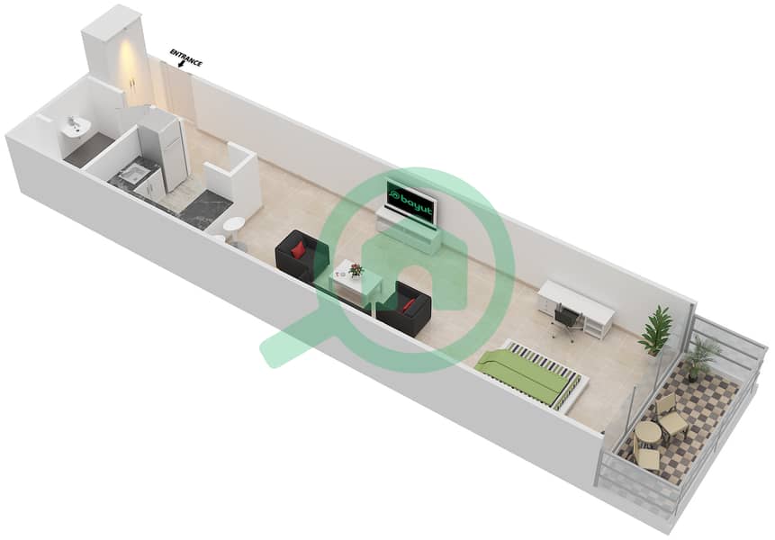 المخططات الطابقية لتصميم النموذج C شقة استوديو - برج الواحة 2 interactive3D
