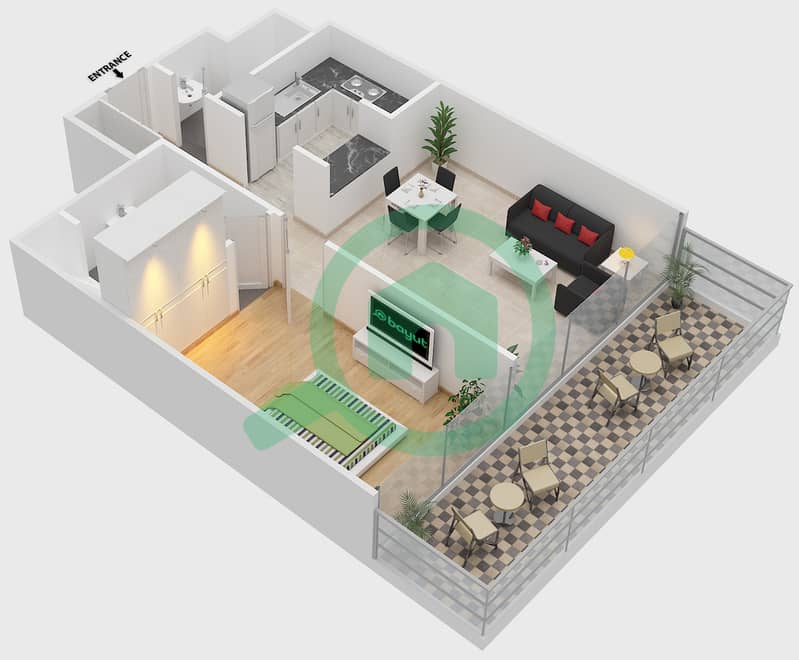 المخططات الطابقية لتصميم النموذج B شقة 1 غرفة نوم - برج الواحة 2 interactive3D
