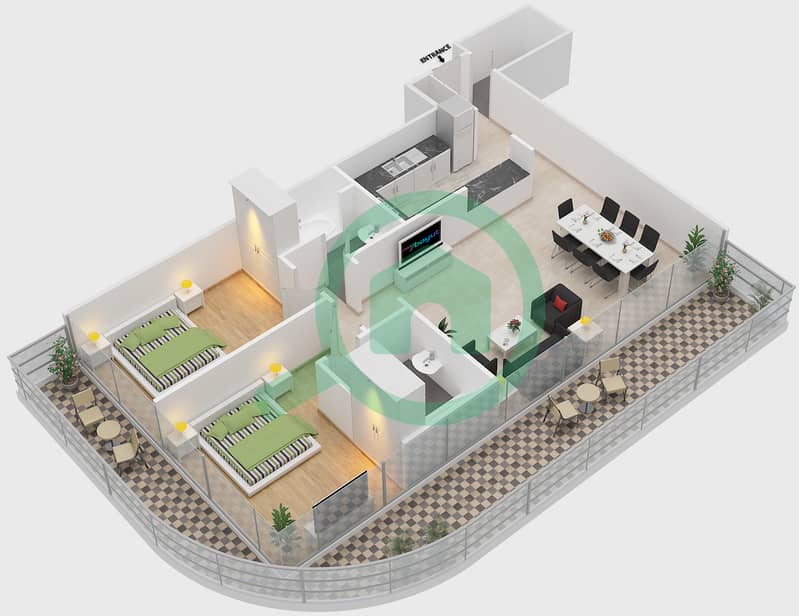 المخططات الطابقية لتصميم النموذج A شقة 2 غرفة نوم - برج الواحة 2 interactive3D