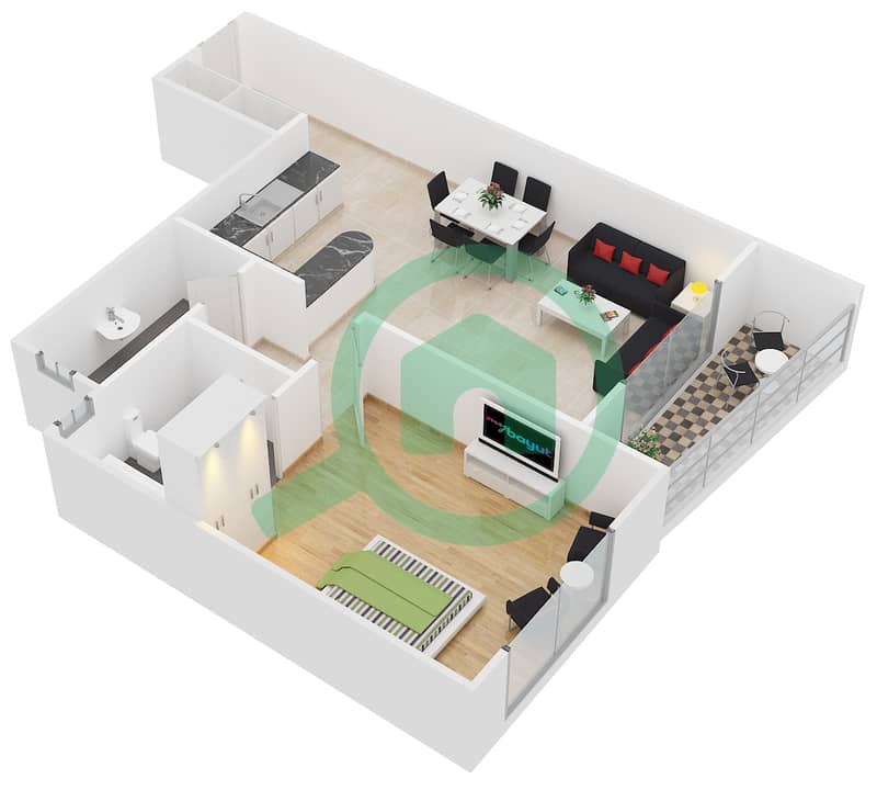 哈姆扎大厦 - 1 卧室公寓类型A戶型图 interactive3D