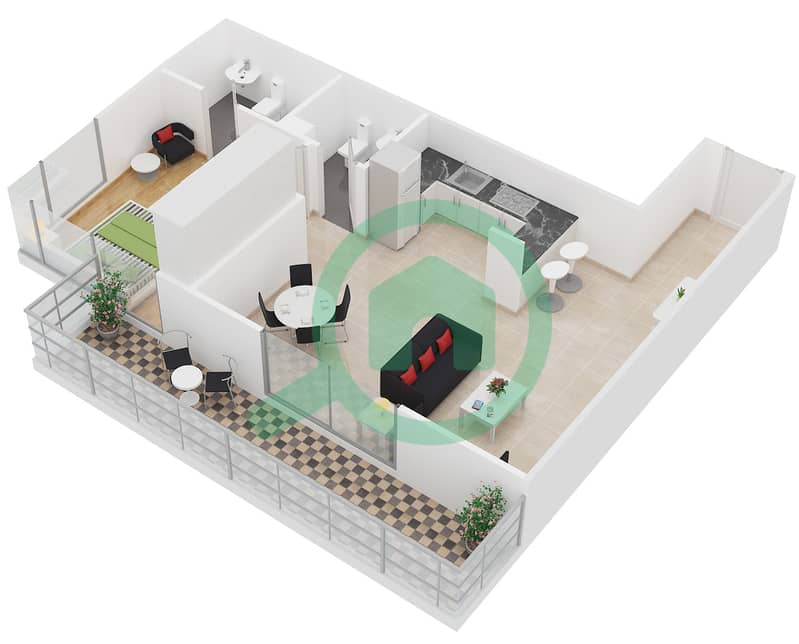 المخططات الطابقية لتصميم الوحدة 3,12 شقة 1 غرفة نوم - إيدن جاردن Floor 2-17 interactive3D