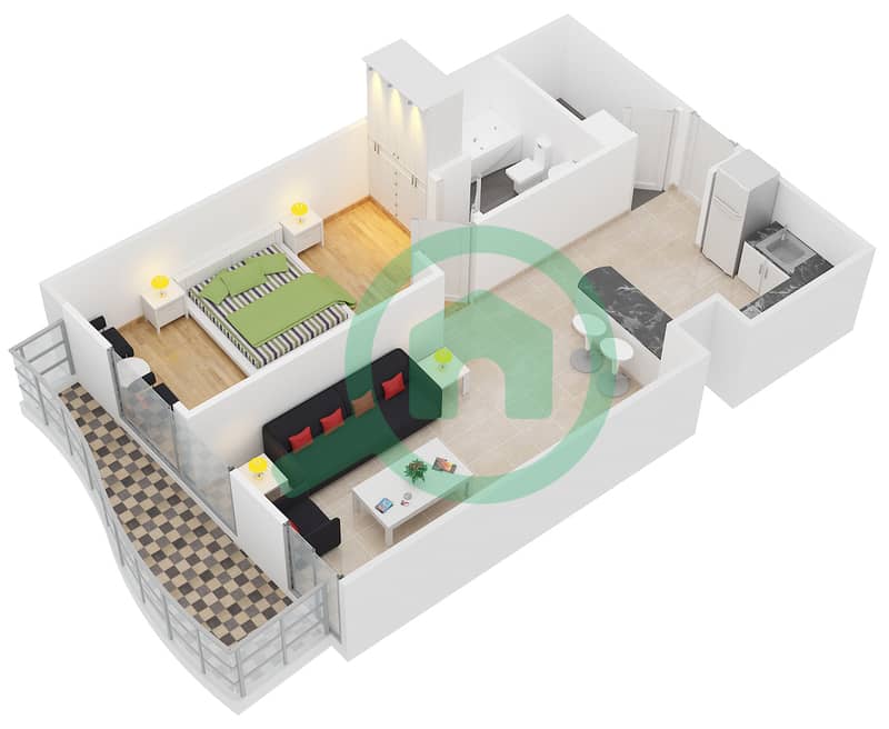 伊甸园公寓 - 1 卧室公寓单位4戶型图 Floor 2-17 interactive3D