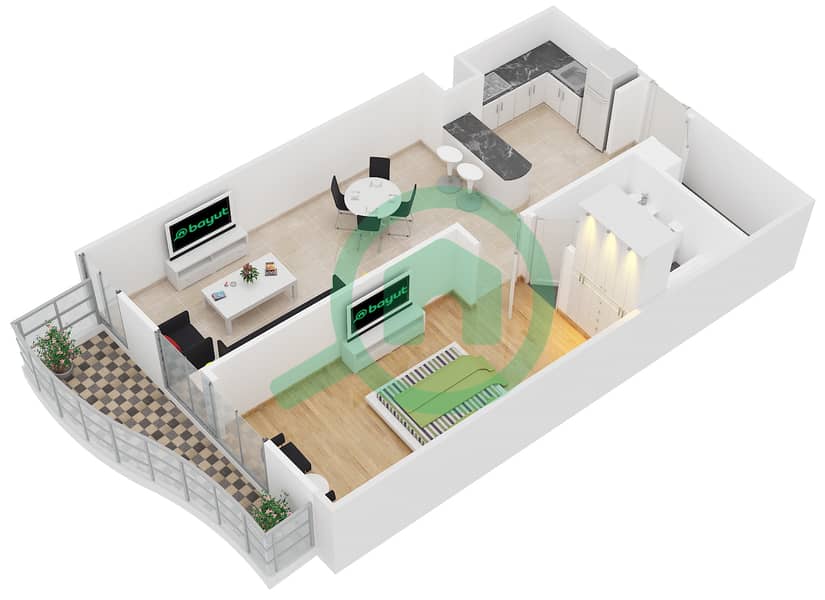 伊甸园公寓 - 1 卧室公寓单位6戶型图 Floor 2-17 interactive3D