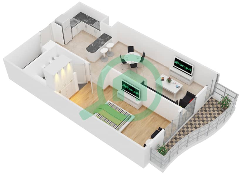 伊甸园公寓 - 1 卧室公寓单位13戶型图 Floor 2-17 interactive3D