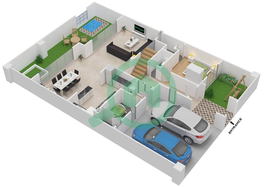 المخططات الطابقية لتصميم الوحدة MID فیلا 4 غرف نوم - فلل بلومينغديل Ground Floor interactive3D