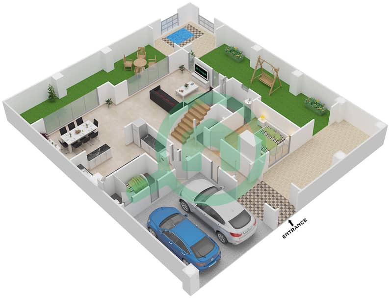 المخططات الطابقية لتصميم الوحدة END فیلا 5 غرف نوم - فلل بلومينغديل Ground Floor interactive3D